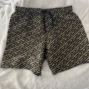 Versace Black, Gold & Olive Geometric Swim Trunks NWOT